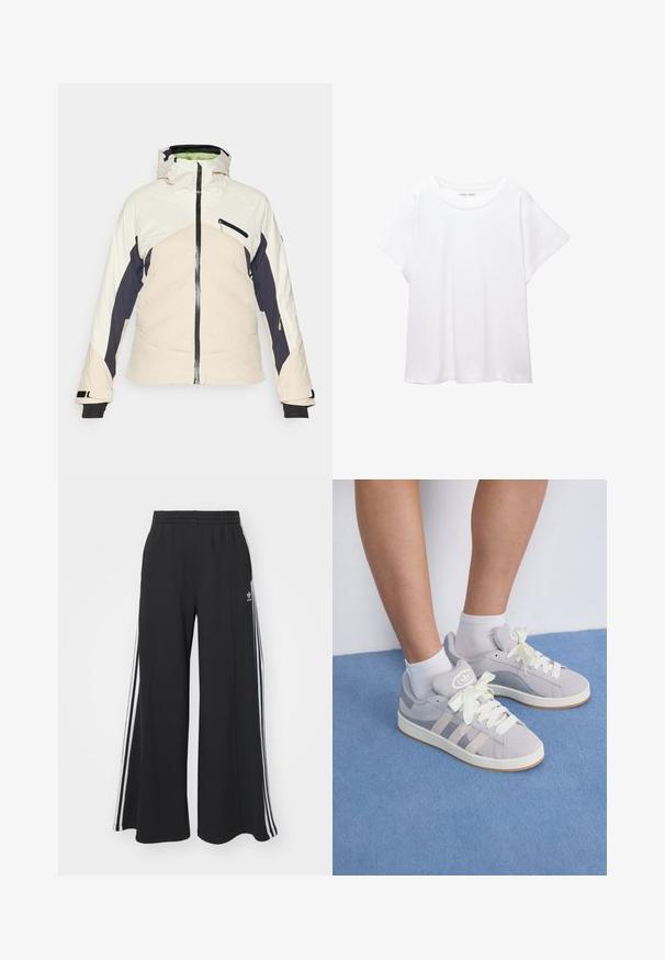 Padded jakna v kremni, mornarsko modri in svetlo roza barvi. Ima zadrgo na sprednji strani, nastavljivo kapuco in dve žepni zadrgi na straneh. Črne manšete.; Bela majica s kratkimi rukavi, izdelana iz mehkega in lahkega blaga. Ima okroglo ovratnico ter kratke, široke rokave z udobnim krojem. Brez vidnih vzorcev.; Črne široke trenirke z elastičnim pasom, ki imajo bele stranske proge in vezeno logo na levi stegna.; Sive športne copate iz zamšene kože z belimi vezalkami in gumijastim podplatom, ki imajo tri diagonalne črte ob strani in logotip na ježku.