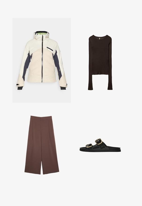 Veste matelassée en crème, marine et rose pâle. Présente une fermeture éclair à l'avant, une capuche ajustable et deux poches latérales zippées. Poignets noirs.; Haut ajusté à manches longues en tissu marron foncé. Encolure ronde, texture lisse et manches légèrement allongées sans poignets.; Pantalons larges marron avec une texture lisse, dotés d'une taille haute et de plis à l'avant. Le tissu est léger et tombe de manière fluide.; Sandale noire à glissière avec deux accents de boucle en or, en matériau lisse, semelle plate et design minimaliste.