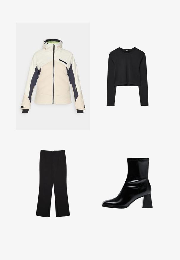 Padded-Jacke in Creme, Marineblau und zartem Rosa. Verfügt über einen Reißverschluss vorne, eine verstellbare Kapuze und zwei Reißverschluss-Seitentaschen. Schwarze Bündchen.; Schwarzes, langärmliges, kurz geschnittenes Oberteil mit Rundhalsausschnitt, schlichter Gestaltung und leicht abgerundetem Saum.; Schwarze Hose mit geradem Schnitt, ausgestattet mit Fronttaschen und Seitenschlitzen am Saum. Hergestellt aus weichem, glattem Stoff. Geeignet für verschiedene Anlässe.; Schwarze Knöchelstiefel aus glattem Leder. Besitzen einen Blockabsatz mit einem strukturierten, gerippten Muster und einem schlanken, spitz zulaufenden Zehendesign.