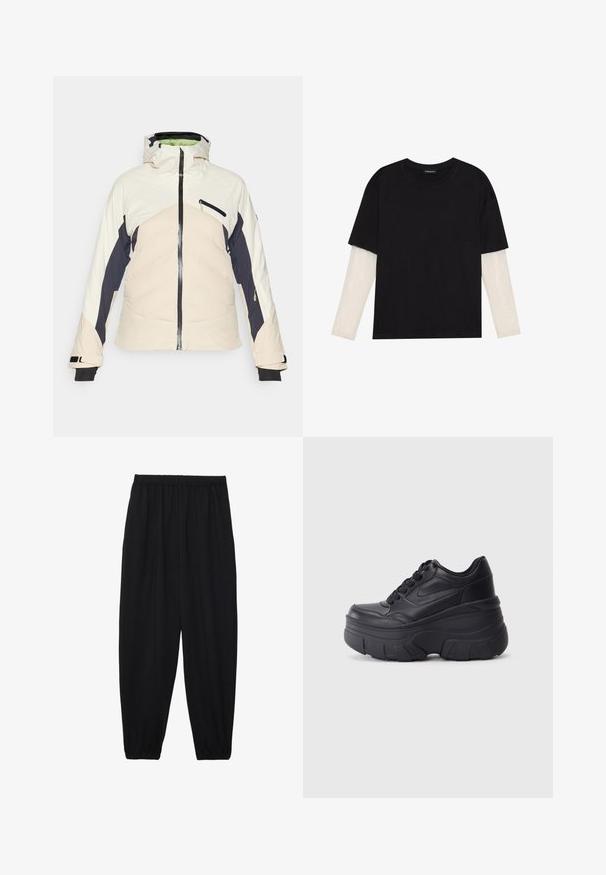 Giacca imbottita in crema, blu navy e rosa pallido. Presenta una chiusura lampo frontale, un cappuccio regolabile e due tasche laterali con zip. Polsini neri.; T-shirt nera in cotone con maniche corte sopra un sotto manica lunga bianca, caratterizzata da una sottile texture. Design con scollo rotondo.; Pantaloni neri leggeri con vita elastica e caviglie arricciate. Il tessuto è liscio e presenta un design rilassato e affusolato.; Sneaker nere con lacci e suola spessa, caratterizzate da una tomaia in pelle liscia, punta arrotondata e un distintivo design a piattaforma stratificata.
