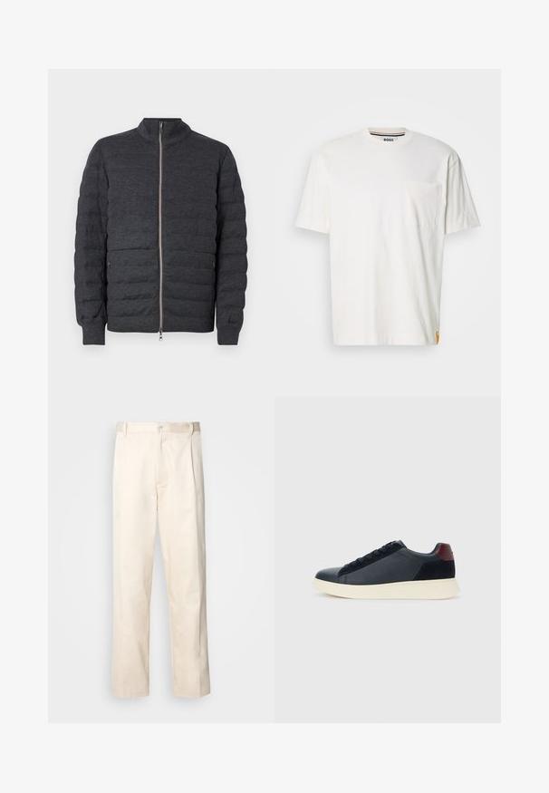 Dark gray padded jacket with a high collar, zip front, and ribbed cuffs. Features stitched panels and a smooth texture.; White cotton t-shirt with a round neck, short sleeves, and a left chest pocket. Features a small logo tag on the side seam.; Beige cotton trousers with a straight-leg cut, featuring a button closure and pleats at the front for added detail.; Low-top men's sneaker in black leather and suede with maroon heel tab and white rubber sole, viewed from the outer side.