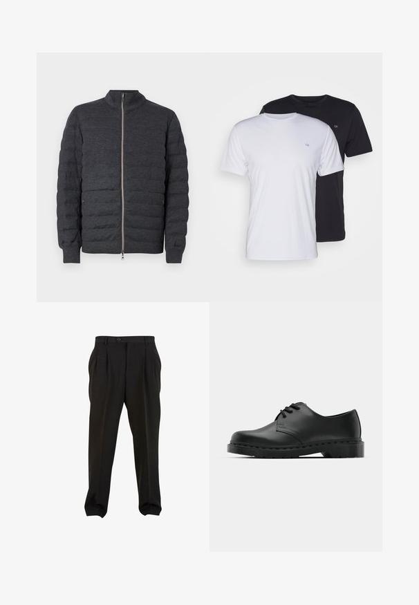 Tmavě šedá zateplená bunda s vysokým límcem, předním zipem a žebrovanými manžetami. Má vyšívané panely a hladkou texturu.; Dvé bavlněné trička, jedno bílé a jedno černé, s krátkým rukávem a kulatým výstřihem, s malým logem na hrudi, hladká textura.; Černé kalhoty z hladké tkaniny, se zapínáním na tlačítko v pase, předními sklady a zúženými manžetami u kotníků. Klasický elegantní střih.; Černé kožené oxfordy s šněrováním, zakulacenou špičkou, plochou gumovou podrážkou a jemným prošíváním podél svršku.