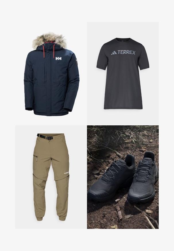 Parka de color azul marino con capucha forrada de piel sintética, cierre frontal con cremallera, dos bolsillos delanteros y cordones naranjas en contraste. Presenta un logotipo en el pecho.; Camiseta negra de manga corta hecha de un tejido ligero, con un logotipo en gris claro "TERREX" en el pecho y cuello redondo.; Pantalones de campo color caqui con un cinturón negro ajustable, bolsillos con cremallera, puños ajustados y piernas inferiores desmontables para un estilo versátil.; Zapatos deportivos negros con una parte superior de punto texturizado, puntera reforzada y suela acolchada, exhibidos sobre un suelo terrizo con ramitas dispersas.