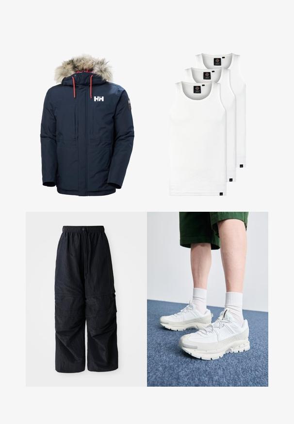 Parka de color azul marino con capucha forrada de piel sintética, cierre frontal con cremallera, dos bolsillos delanteros y cordones naranjas en contraste. Presenta un logotipo en el pecho.; Tres camisetas sin mangas de algodón de color blanco con canalé. Cuentan con cuello redondo y pequeñas etiquetas negras cerca del dobladillo. Disponibles en múltiples tamaños.; Pantalones cargo negros de nylon ligero con cinturilla elástica, cordón ajustable y múltiples bolsillos en capas en las piernas.; Zapatillas deportivas blancas con superposiciones texturizadas, una suela gruesa y acentos grises. Llevadas con calcetines blancos hasta la pantorrilla y pantalones cortos verdes sobre una superficie azul.