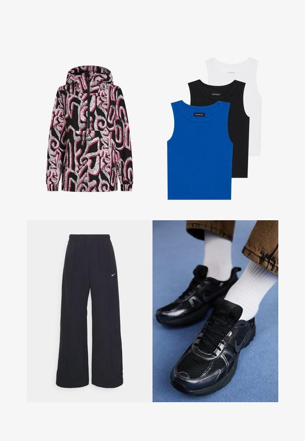 Giacca nera con cappuccio caratterizzata da un motivo astratto bianco e rosa, chiusura con zip, polsini elasticizzati e una patch con logo sul petto.; Tre magliette senza maniche in blu, nero e bianco. Il tessuto è a coste con un colletto rotondo. Ogni maglietta ha un'etichetta con la scritta "even&odd."; Pantaloni neri a gamba larga con cintura elastica e un piccolo logo Nike bianco. Il tessuto ha una texture liscia, progettata per il comfort e l'abbigliamento casual.; Le scarpe da sport nere Nike presentano una tomaia in rete con dettagli lucidi, lacci neri e una suola texture. Abbinate a calzini bianchi a coste.