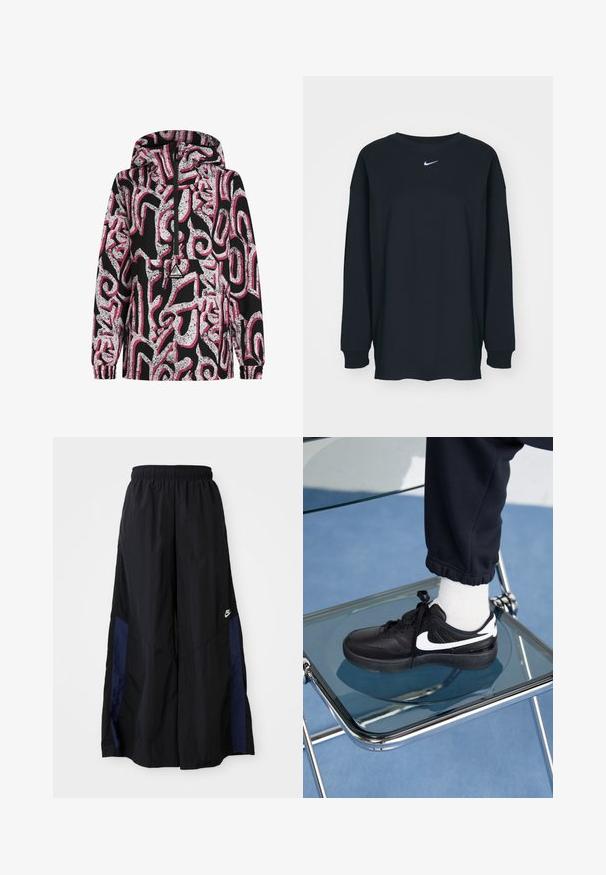 Zwarte hoodie met een abstract wit en roze patroon, rits aan de voorkant, elastische mouwen en een logo patch op de borst.; Zwarte lange mouwen T-shirt van katoen met een ronde hals. Bevat een wit Nike-logo op de borst. Zachte textuur, eenvoudig ontwerp.; Zwarte wijdlopende broek van lichtgewicht stof, met een marineblauwe zijpaneel en een elastische tailleband. Klein wit logo onderaan.; Zwarte Nike sneakers met witte accenten, met een gladde leren textuur, vetersluiting en ronde neus, geplaatst op een glazen stoel.