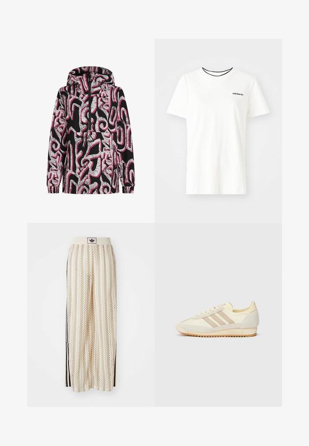 Čierna kapucňová bunda s abstraktným bielym a ružovým vzorom, so zipsom vpredu, elastickými manžetami a nášivkou s logom na hrudi.; Biela bavlnená tričko s krátkymi rukávmi a okrúhlym výstrihom. Obsahuje čierne logo Adidas na hrudi a kontrastný čierny vnútorný golier.; Béžové nohavice s širokými nohavicami a zigzagovými vzormi, s čiernym logom na páse a bočnými čiernymi pruhmi. Ľahká, textúrovaná látka.; Krémové športové tenisky s tromi béžovými pruhmi, z kombinácie semišu a textilného materiálu, so štruktúrovanou podrážkou a reliéfne navrhnutým logom na päte.