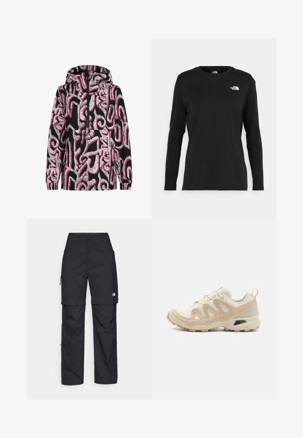 Giacca nera con cappuccio caratterizzata da un motivo astratto bianco e rosa, chiusura con zip, polsini elasticizzati e una patch con logo sul petto.; T-shirt nera a maniche lunghe in cotone con colletto rotondo. Presenta un piccolo logo bianco sul lato sinistro del petto. Design semplice e vestibilità comoda.; Pantaloni cargo in nylon nero con zip rimovibile, polsini regolabili, molteplici tasche e un logo sulla gamba destra. Tessuto liscio e leggero.; Scarpa atletica beige e crema con tomaia in mesh testurizzato, sovrapposizioni supportive e suola in gomma con un motivo a tasselli per la trazione.