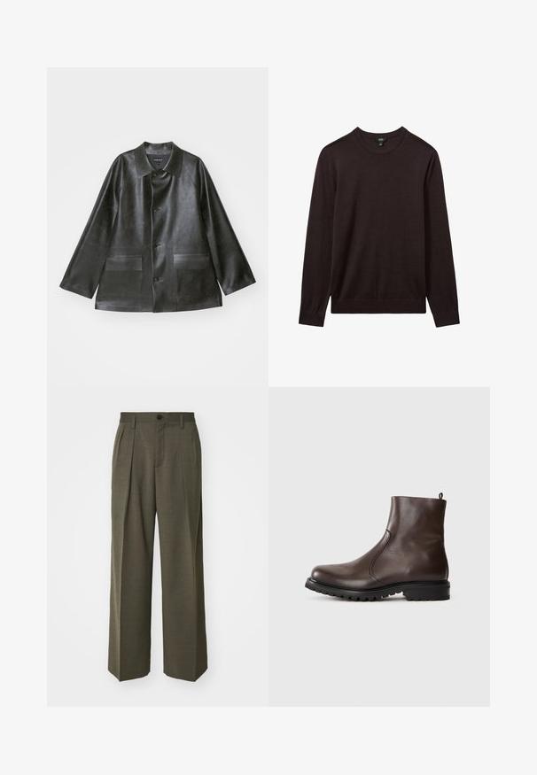 Emporio Armani CABAN - Kunstnahast jakk - lavagna; Reiss Džemper - dark bordeaux; Filippa K WIDE TROUSERS - Püksid - driftwood; Pruun nahkane sääreking, millel on sile tekstuur, elastsed külgpaneelid, tõmbetabin taga ja robustne kummitald.