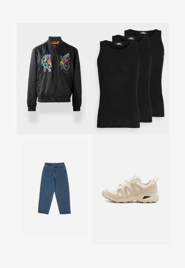 Zwarte bomberjack met geribbelde manchetten, voorzien van kleurrijke geborduurde ontwerpen van een karakter en een krokodil aan de voorkant. Rits closures.; Zwarte tanktops in een verpakking van drie. Ribbelstructuur, standaard ronde halslijn, zonder mouwen. De zoom is voorzien van een klein merkembleem aan de onderkant.; Blauwe denim jeans met een ontspannen pasvorm, hoge taille, vijf-pocket ontwerp en stikselaccenten. Voorzien van een knoop- en ritssluiting.; Beige en crème sportschoen met een textuur-mesh bovenwerk, ondersteunende overlays en een rubberen zool met een profielpatroon voor grip.