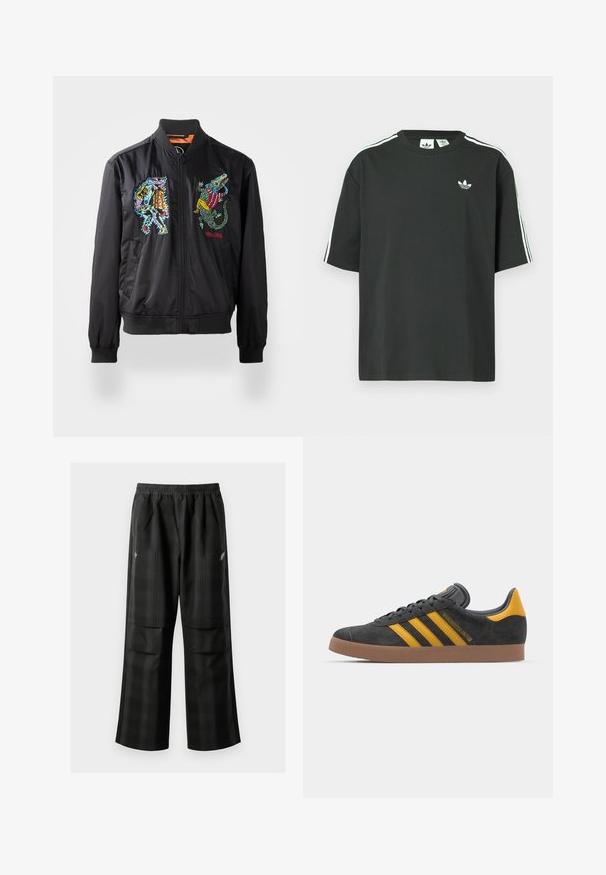 Veste bombardier noire avec des poignets côtelés, ornée de designs brodés colorés d'un personnage et d'un alligator sur le devant. Fermeture éclair.; T-shirt en coton noir à manches courtes, col rond, avec un détail blanc à trois bandes sur les épaules. Présente un petit logo blanc sur la poitrine.; Pantalons à carreaux noirs avec une taille élastique, deux poches avant et une coupe ample avec une conception à jambe droite. Fabriqués en matériau léger.; Baskets en suede noir avec des accents jaunes, présentant trois rayures et une semelle en caoutchouc marron. Comprend une languette rembourrée pour le confort.