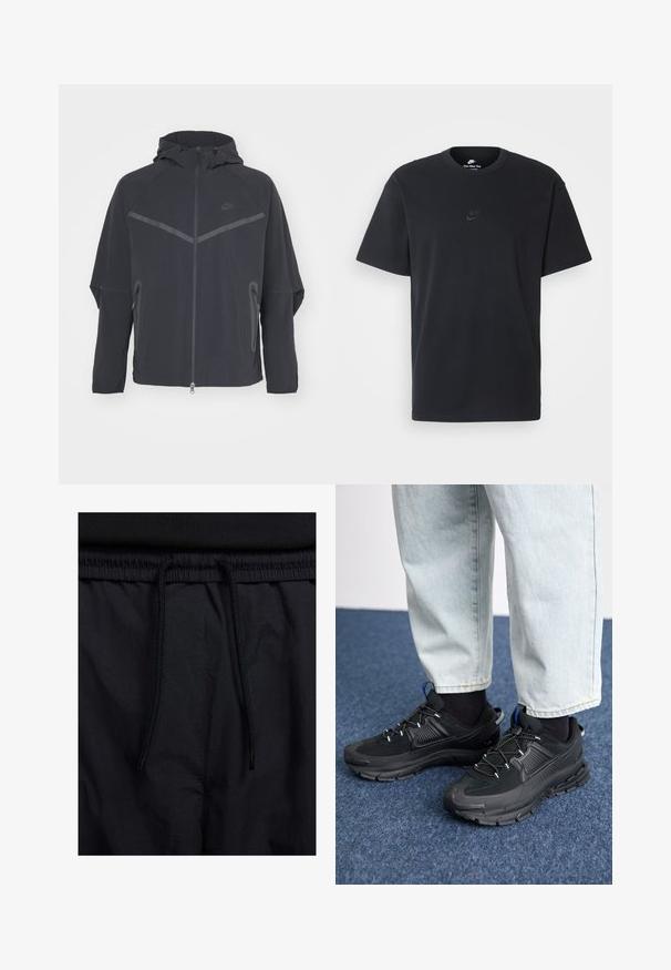 Casaco Nike preto com fecho frontal, capuz e costuras angulares. Apresenta detalhes refletivos e bolsos laterais com fecho. Feito de tecido leve.; T-shirt de algodão preto da Nike com um clássico decote redondo, mangas curtas e um logótipo em relevo discreto no peito. Textura suave.; Calções pretos com um cós elástico ajustável, fabricados em tecido leve com uma textura suave e um design simples, sem logótipos ou padrões visíveis.; Sapatilhas desportivas pretas com tecido texturizado e solas em borracha, apresentando atacadores elásticos e um detalhe azul no calcanhar. Usadas com calças de ganga claras.