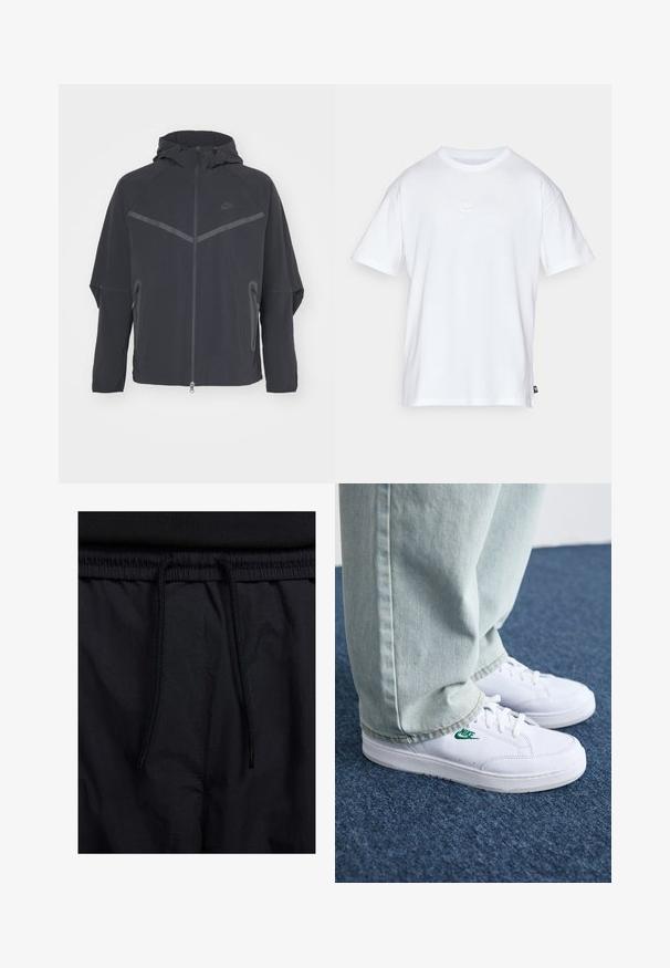 Črna Nike jopica z zadrgo spredaj, kapuco in angularnimi šivi. Ima odsevnike in stranske žepke z zadrgo. Narejena je iz lahkotnega materiala.; Bela bomba iz bombaža s kratkimi rokavi in okroglo ovratnikom. Ima majhen, diskreten Nike logotip na prsih in stranski etiket.; Črne kratke hlače z vrvico v pasu, lahkotna tkanina z gladko teksturo in preprosto zasnovo brez vidnih logotipov ali vzorcev.; Bela usnjena športna obutev z zelenim Nike logotipom, okrogla konica, ravna podplat, v kombinaciji z svetlo modrimi kavbojkami, prikazana na modrem preprogu.