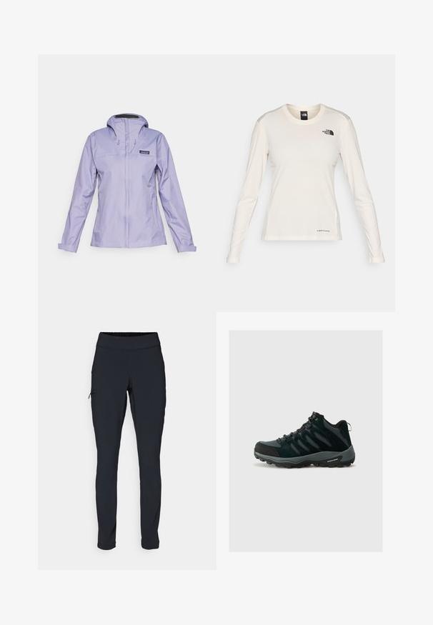 Jasnofioletowa nieprzemakalna kurtka z długimi rękawami, kapturem oraz regulowanymi trokami. Gładka, elegancka faktura z zapięciem na zamek błyskawiczny z przodu.; The North Face - Bluzka z długim rękawem; Czarne spodnie sportowe o dopasowanym kroju, z elastycznym pasem i boczną kieszenią na zamek. Gładki, elastyczny materiał z minimalną ilością szwów.; Columbia REDMOND czarny