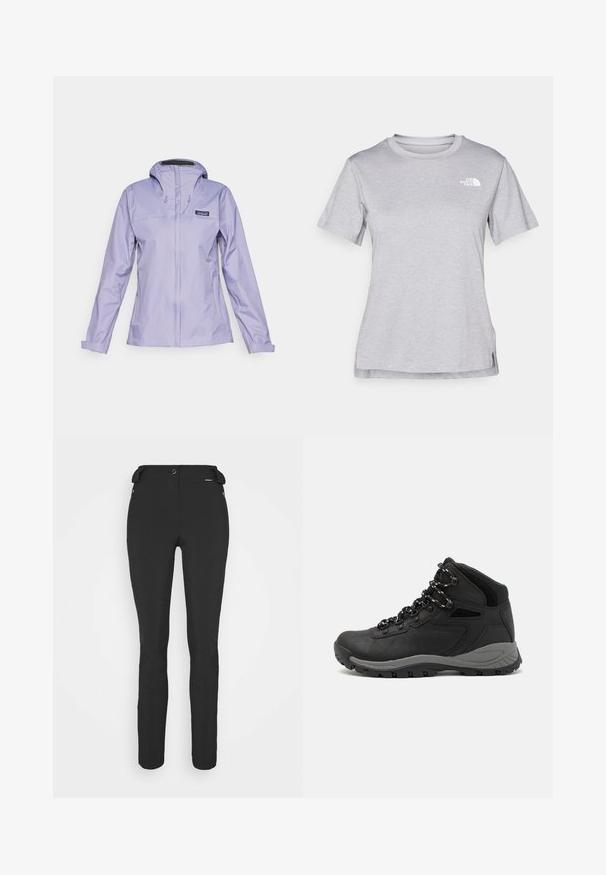 Chaqueta impermeable de lavanda clara con mangas largas, capucha y cordones ajustables. Textura suave y elegante con cierre frontal de cremallera.; Camiseta gris de manga corta hecha de una suave tela que absorbe la humedad. Presenta un cuello redondo y un pequeño logotipo blanco en la parte superior izquierda.; Pantalones negros ajustados hechos de un material flexible. Las características incluyen un bolsillo lateral con cremallera, rodillas articuladas y una textura suave.; Bota de senderismo negra con un diseño de medio caña, que cuenta con una parte superior texturizada, acentos grises y una suela de goma duradera con tacos de tracción.