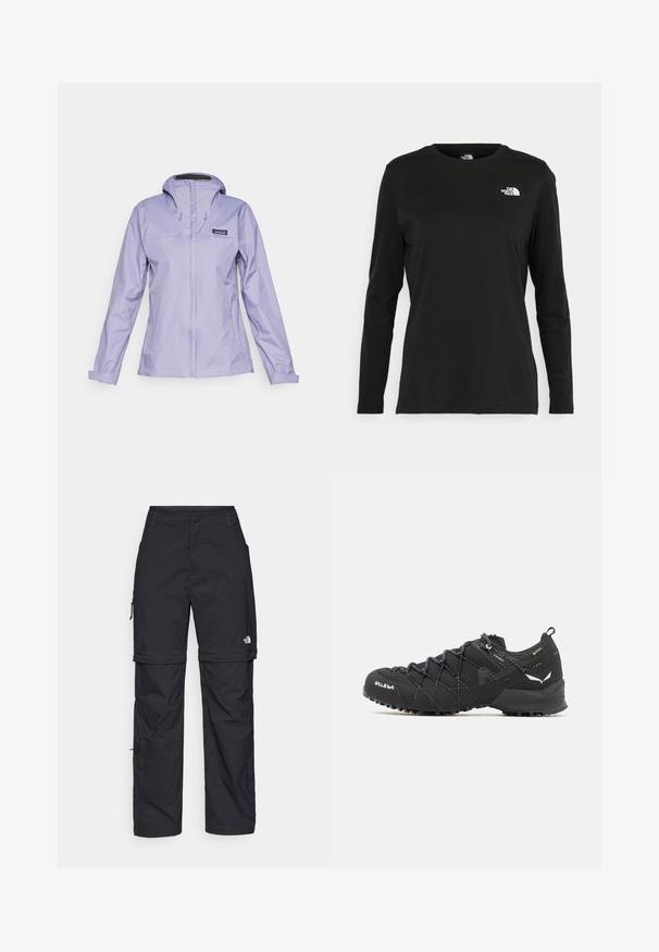 Light lavender waterproof jacket with long sleeves, a hood, and adjustable drawstrings. Smooth, sleek texture with a front zip closure.; Black long-sleeve t-shirt made of cotton with a round neck. Features a small white logo on the left chest area. Simple design and fit.; Black nylon zip-off cargo trousers with adjustable cuffs, multiple pockets, and a logo on the right leg. Smooth, lightweight texture.; Black hiking shoes with a textured fabric upper, lacing system, and rugged rubber sole. Accented with reflective details and logos.