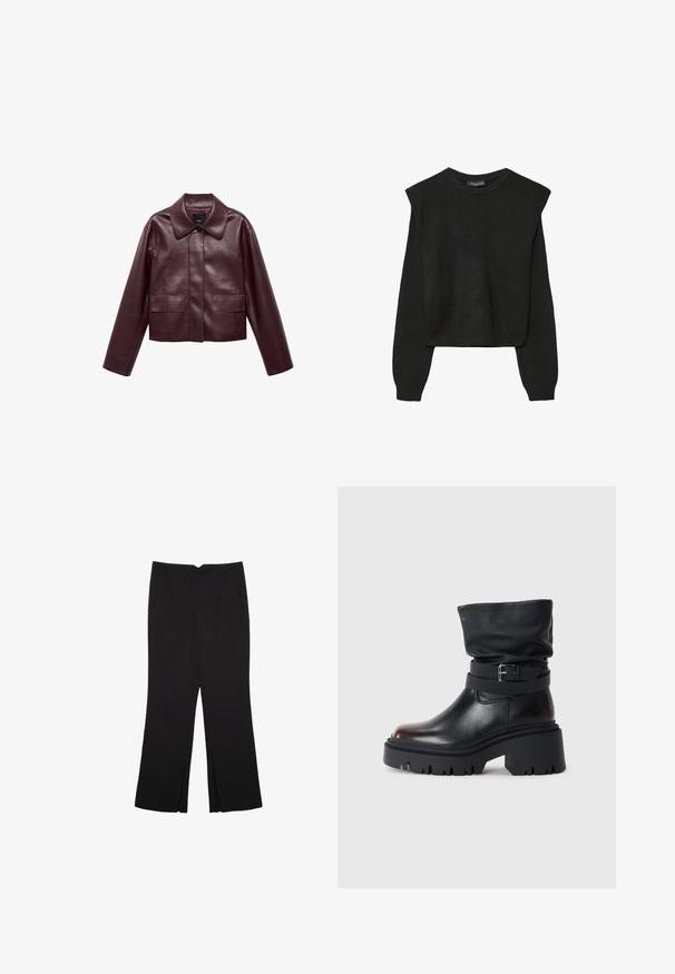 Burgundy nahka cropped-takki, jossa on kaulus, etu-napitus ja kaksi rintataskua. Sileä pinta ja istuvat hihat.; Mustat pitkätuuliseset neulepaidat, joissa on toppaukset harteilla sekä ribbaus hihansuissa ja helmassa, esitetty valkoista taustaa vasten.; Mustat housut suoralinjaisella leikkauksella, joissa on etutaskut ja sivurei'ät helman alla. Valmistettu pehmeästä ja sileästä kankaasta. Sopii eri tilaisuuksiin.; Musta nahkasaapas nilkkamalli, jossa on löysä yläosa, soljensuoja ja paksu, kestävä pohja. Mukana pyöreä kärki ja sileä pinta.