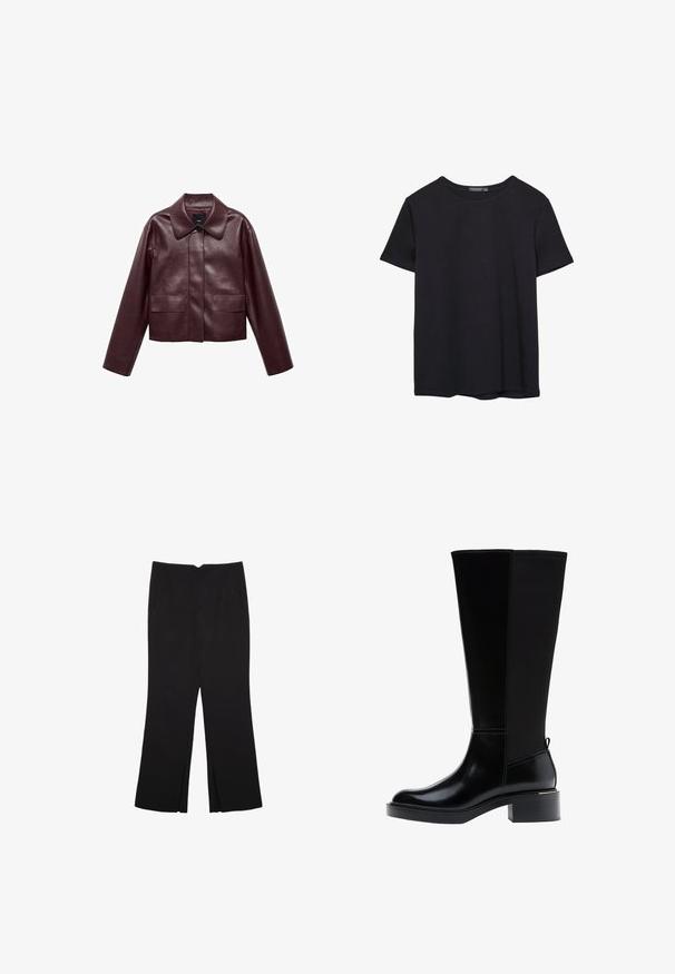 Burgundy läderkort jacka med krage, framknAppstängning och två bröstfickor. Slät yta och figurnära ärmar.; En enkel svart bomulls T-shirt med kort ärm och rund hals, uppvisad på en vit bakgrund.; Svarta byxor med rak passform, utrustade med framfickor och sidoklyvningar vid fållen. Tillverkade av mjukt, slätt tyg. Lämpliga för olika tillfällen.; Svart knähög stövel med slät läderfinish, framträdande sömmar, klumpig klack och en texturerad bakpanel för extra detalj.