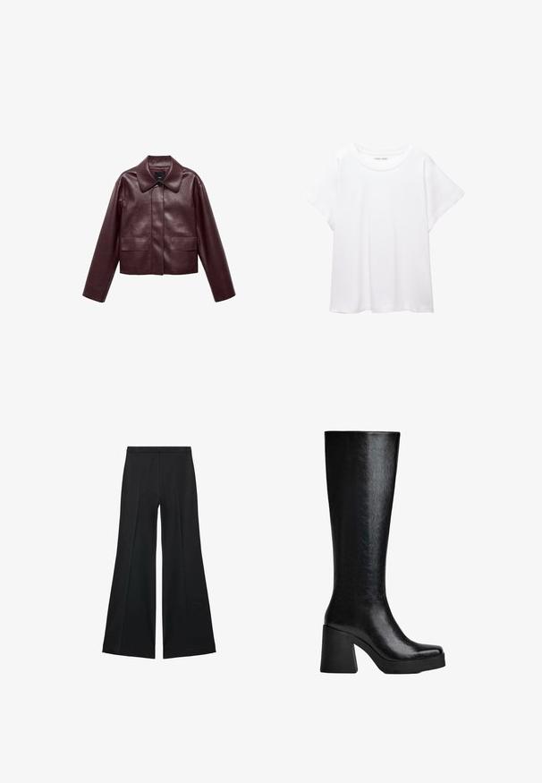 Burgundowa skórzana krótka kurtka z kołnierzem, zapięciem na guziki z przodu i dwiema kieszeniami na piersiach. Gładka tekstura i dopasowane rękawy.; Biała koszulka wykonana z miękkiej, lekkiej tkaniny. Posiada okrągły dekolt oraz krótkie, szerokie rękawy, zapewniające luźny krój. Brak widocznych wzorów.; Czarne spodnie o szerokich nogawkach z gładką teksturą, z przodu ozdobione zakładkami i skrojonym fasonem. Materiał jest lekki i zwiewny.; Czarne, sięgające kolan botki wykonane z teksturowanego materiału syntetycznego, z kwadratowym noskiem, masywnym, wysokim obcasem oraz gładką, elegancką powierzchnią.