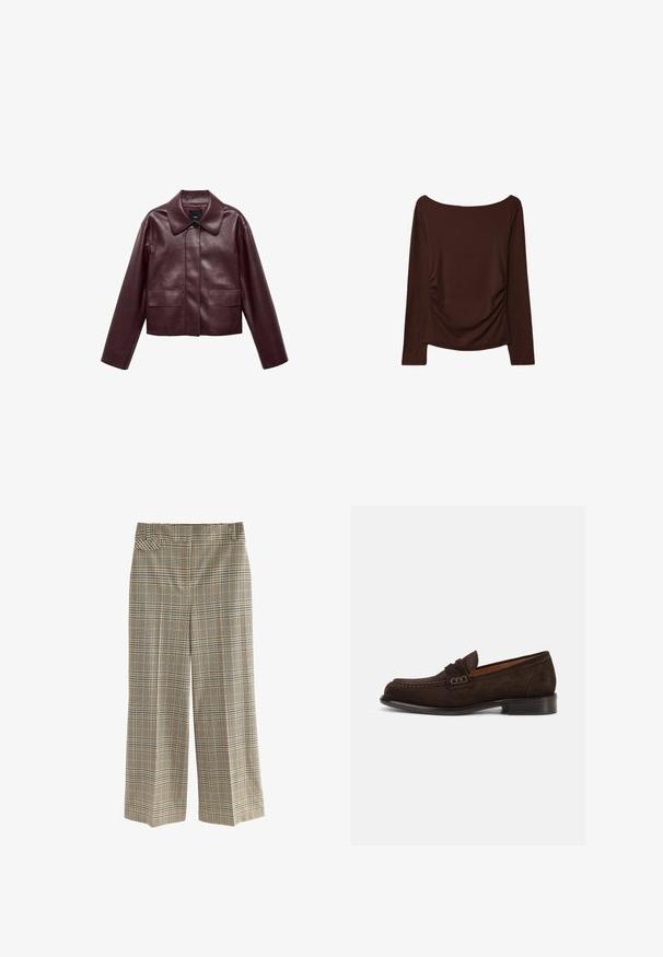 Bordo kožna skraćena jakna s ovratnikom, prednjim kopčanjem na dugmad i dvije džepove na prsima. Glatka tekstura i uske rukave.; Smeđa majica dugih rukava s širokim dekolteom i naborima sa strane, izrađena od mekane, rastezljive tkanine.; Karirane široke hlače napravljene od tkanog materijala. Imaju pojas, bočnu džepu i uzorak smešnih, plavih i krem kvadrata.; Smeđi nubuk mokasini s zaobljenim nožnim prstom, prošivenim detaljima i malim dekorativnim akcentom na remenu. Dizajn s ravnim potplatom.