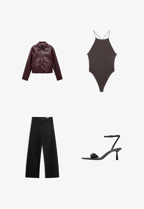 Burgundy läderkort jacka med krage, framknAppstängning och två bröstfickor. Slät yta och figurnära ärmar.; Brun, hög nacke baddräkt med tunna, justerbara remmar; har högskuren ben och slät textur. Inga mönster eller dekorationer.; Svarta vida denimbyxor med hög midja, med fram- och bakfickor, sydda sömmar och knappstängning. Slät textur.; Bershka Sandaletter - black