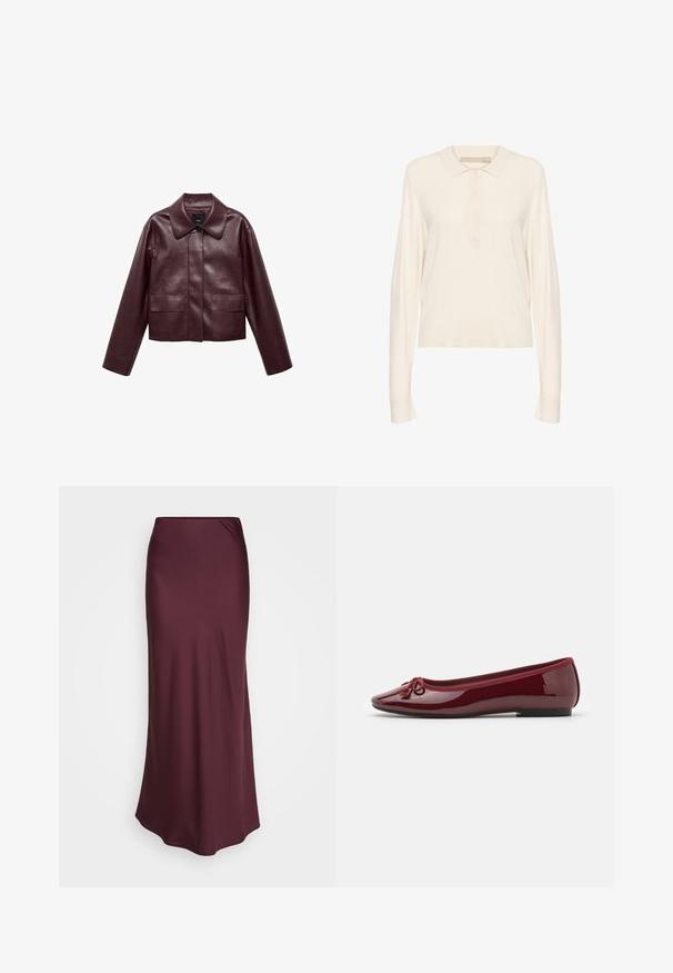 Bordo kožna skraćena jakna s ovratnikom, prednjim kopčanjem na dugmad i dvije džepove na prsima. Glatka tekstura i uske rukave.; Kremasta polo majica dugih rukava od mekog pletiva, s rebrastim ovratnikom, kopčanjem na četiri dugmeta i opuštenim krojem. Glatka tekstura.; Bordo saten maksi suknja s glatkom teksturom i prilagođenim dizajnom, koja se ističe ravnom siluetom i suptilnim drapiranjem u struku.; Balerinke od sjajne burgundske lakirane kože, s okruglim vrhom, dekorativnom mašnom i niskom crnom potplatu.