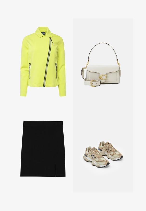 Lys gul jakke med skræddersyet krave, asymmetrisk frontlynlås og to sidelommer med lynlås i kontrasterende mørkeblå farve. Blødt, glat stof.; Grå sweatshirt med halv-zip krave, ribbede manchetter og et lille broderet logo på brystet. Blødt bomuldsblandingsstof.; Sort mini nederdel lavet af blødt stof med en tætsiddende design, der har en lille slids på siden for ekstra detalje.; Beige sneakers med mesh og suede materialer. Har et sort logo og teksturerede accenter. Tyk hvid mellemsål og sort gummisål.; Hvid læderhåndtaske med gulddetaljer, der har en klaplukning og en aftagelig, justerbar rem. Rundet metalaccent i midten.
