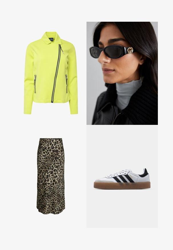 Helle gelbe Jacke mit einem taillierten Kragen, asymmetrischem Frontreißverschluss und zwei seitlichen Reißverschlusstaschen in kontrastierendem Dunkelblau. Weicher, glatter Stoff.; Weißes Hemd mit Knopfleiste, spitzen Kragen, langen Ärmeln und kleinem blauen Logo auf der linken Brust. Aus Baumwollstoff gefertigt.; Leopardenmuster-Midirock aus einem seidigen Material. Hat eine glatte Textur, einen neutralen beigen Hintergrund mit tiefbraunen und schwarzen Flecken.; Weiße Leder Sneakers mit schwarzen Streifen, Gummigummi-Außensohle, runder Zehenform, Schnürverschluss und weichem grauem Wildleder-Zehenkappe.; Schwarze Sonnenbrille mit einem schlanken rechteckigen Rahmen und einem goldenen Logo-Akzent an der Seite. Dunkle Gläser und glänzende Oberfläche sind auffällig.; Weiße Lederhandtasche mit einem goldfarbenen Verschluss, schwarzen Akzenten, einem abnehmbaren Schulterriemen und einem strukturierten Design mit Klappenverschluss.; Singularu DROP - Ohrringe - gold-coloured