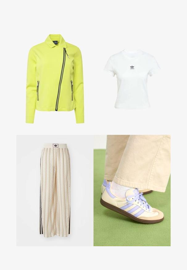 Chaqueta amarilla brillante con cuello sastre, cremallera frontal asimétrica y dos bolsillos laterales con cremallera en azul marino contrastante. Tela suave y lisa.; Camiseta blanca de algodón con mangas cortas y cuello redondo. Presenta un logo negro de Adidas impreso en el pecho. Diseño simple y minimalista.; Pantalones de pierna ancha en color crema con un patrón en zigzag, que cuentan con una cinturilla con logo negro y franjas negras en los laterales. Tejido ligero y texturizado.; Zapatillas de crema y lavanda con tres rayas y una suela marrón texturizada, que cuentan con cordones y un talón acolchado. Parte superior de tela suave.