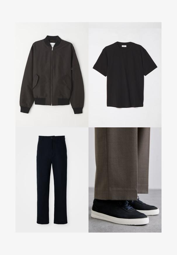 NN.07 Blouson Bomber - black; T-shirt en coton noir avec un col ras du cou, des manches courtes et une coupe décontractée. Design simple, texture lisse, sans motifs ni logos visibles.; Pantalon bleu marine en coton, avec une coupe droite, une fermeture à bouton à l'avant et une taille classique avec passants de ceinture.; Baskets en daim noir avec des semelles en caoutchouc blanc, dotées d'un bout arrondi et de lacets, portées avec un pantalon gris sur mesure.