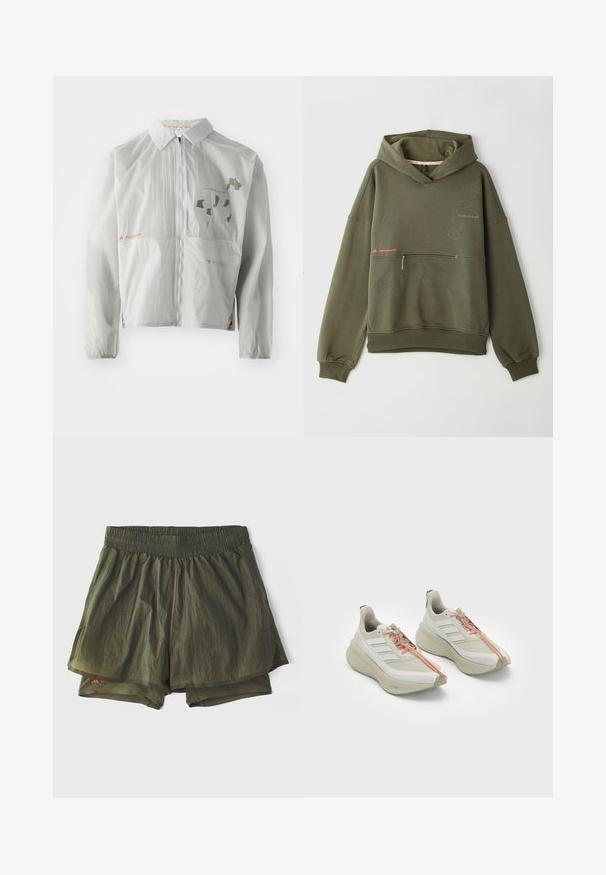 Šviesiai pilkas vėjaraštis, pagamintas iš lengvos medžiagos, su priekiniais užtrauktukais, apykakle ir spausdintais tekstais bei grafika iš nušluotų atspalvių.; Olivinės spalvos puri medžiaga su gobtuvu, turinti priekinę kišenę, aukštą kaklą ir spausdintą tekstą su mažomis šviesių akcentų detalėmis.; Oliviniai sportiniai šortai su elastinga juosta, vidiniu pamušalu ir perforuotais elementais ventiliacijai. Lengvas, laisvalaikio dizainas.; Baltos sportinius batus su tekstūruotu viršumi, turinčius tris diagonalias juosteles, oranžines raišteles ir paminkštintą, kreivą pado dizainą.