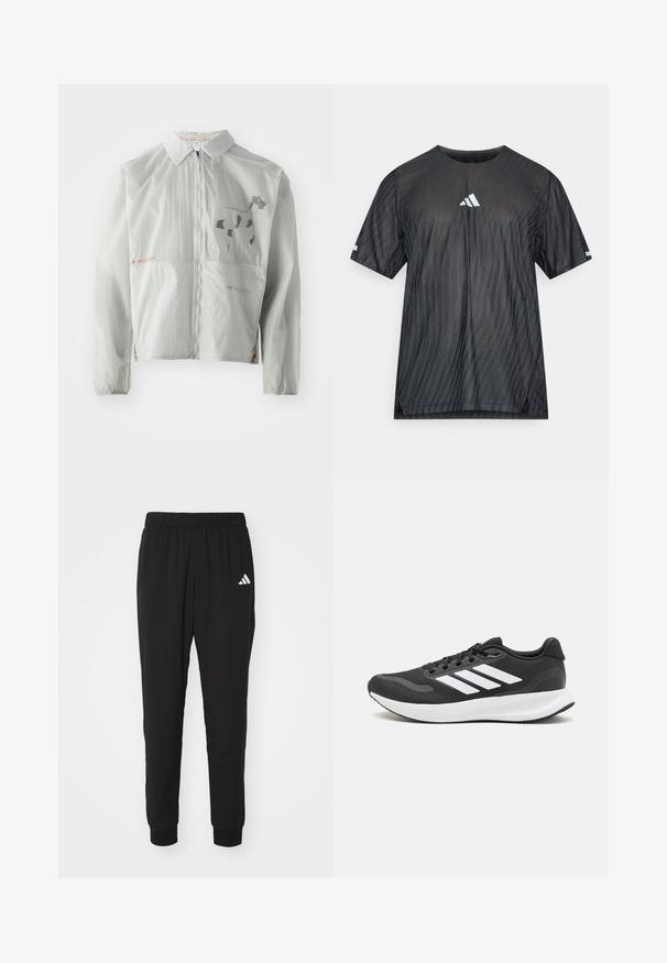Hellgraue Windjacke aus leichtem Material, mit einem Reißverschluss vorne, Kragen und bedrucktem Text sowie Grafiken in sanften Farbtönen.; Schwarzes athletisches T-Shirt mit kurzen Ärmeln, das ein strukturiertes diagonales Streifenmuster sowie ein weißes Adidas-Logo auf Brust und Ärmeln zeigt.; Schwarze Sporthosen mit elastischem Bund, Bündchen an den Knöcheln und weißem Adidas-Logo am linken Oberschenkel. Hergestellt aus leichtem, glattem Stoff.; Schwarzer Sportschuh mit atmungsaktivem Mesh-Obermaterial, weißen Akzenten und einer gepolsterten Sohle. Mit drei Streifen-Logo an der Seite.