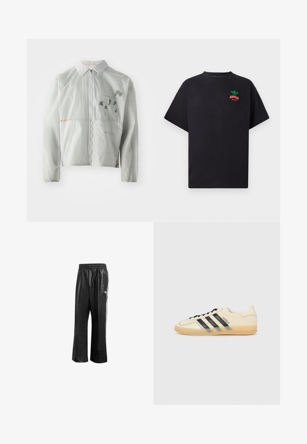 Heledad hallhallik, mis on valmistatud kerge materjalist, esiküljel on tõmblukk, krae ning trükitud tekst ja graafika vaigistatud toonides.; Must mustri t-särk lühikeste varrukatega, millel on rinnal roheline ja punane Adidas logo disain. Lihtne, lõdva lõikega.; Mustad sünteetilised spordipüksid mustas värvuses, elastse vöökohaga, valgete külgmiste triipudega ja vasakul puusal väikese valge logoga.; Kerge kreemjasneaker mustade kolme triibuga disainiga, tekstureeritud ülemine osa, ümar varvas ja kummitald. Omab paelu ja brändimist külgedel.
