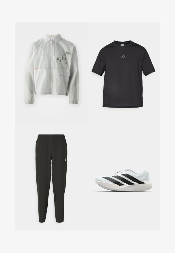 Veste coupe-vent gris clair en matériau léger, dotée d'une fermeture éclair à l'avant, d'un col et de textes et graphiques imprimés dans des tons atténués.; T-shirt de sport noir en matériau respirant, à manches courtes, avec un col rond et un logo réfléchissant sur la poitrine.; Pantalons de sport noirs avec une taille élastique, coupe slim et logo blanc sur la jambe gauche. Tissu lisse et léger.; Baskets de course légères en bleu pâle avec des rayures noires. Elles présentent un dessus lisse, un embout rond et une semelle intermédiaire blanche épaisse étiquetée "LIGHTSTRIKE PRO".