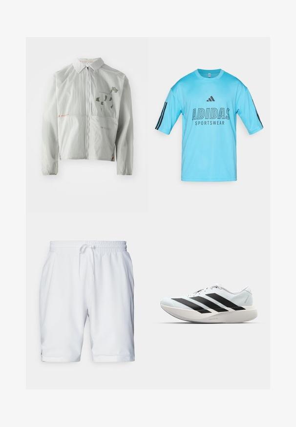 Jasnoszara kurtka przeciwdeszczowa wykonana z lekkiego materiału, z przednim zamkiem, kołnierzem oraz nadrukowanym tekstem i grafikami w stonowanych odcieniach.; Jasnoniebieska koszulka sportowa Adidas wykonana z siateczkowego materiału. Posiada krótkie rękawy, ściągacz w okolicy szyi oraz czarne logo i tekst z przodu.; Białe szorty sportowe z elastycznym pasem i regulowanym sznurkiem. Gładki materiał o subtelnej fakturze, z bocznymi kieszeniami.; Lekkie buty do biegania w jasnoniebieskim kolorze z czarnymi pasami. Posiadają gładką cholewkę, okrągły nosek oraz grubą białą podeszwę środkową oznaczoną "LIGHTSTRIKE PRO."