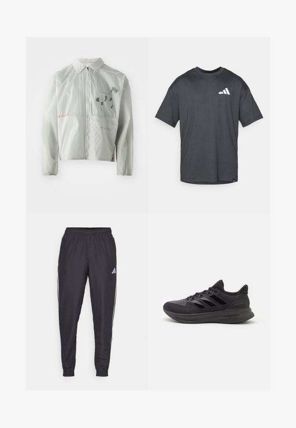 Veste coupe-vent gris clair en matériau léger, dotée d'une fermeture éclair à l'avant, d'un col et de textes et graphiques imprimés dans des tons atténués.; T-shirt à manches courtes gris foncé avec un petit logo blanc et bleu clair sur la poitrine gauche et une petite étiquette près de l'ourlet inférieur.; Pantalons de sport noirs avec une taille élastique, présentant des rayures blanches sur les côtés et un petit logo sur la hanche. Texture lisse.; Chaussure de sport noire avec dessus en tissu texturé, semelle en caoutchouc et trois rayures noires brillantes sur le côté. Bout arrondi et talon rembourré.