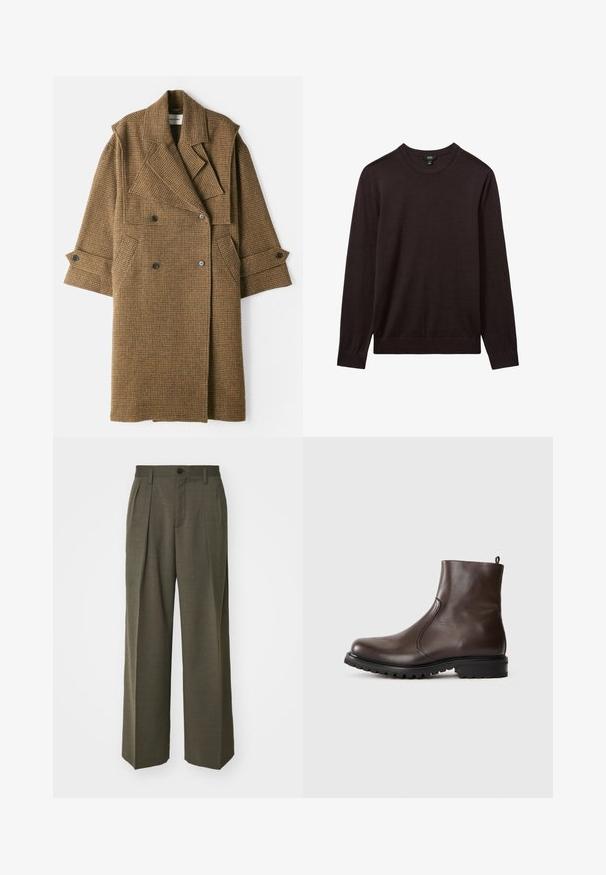 Henrik Vibskov HANDS DOWN COAT - Trenčkot - brown; Reiss Svetrík - dark bordeaux; Filippa K WIDE TROUSERS - Nohavice - driftwood; Hnedé kožené členkové topánky s hladkým povrchom, elastickými bočnými panelmi, pŕhľavým pútkom vzadu a robustnou gumovou podrážkou.