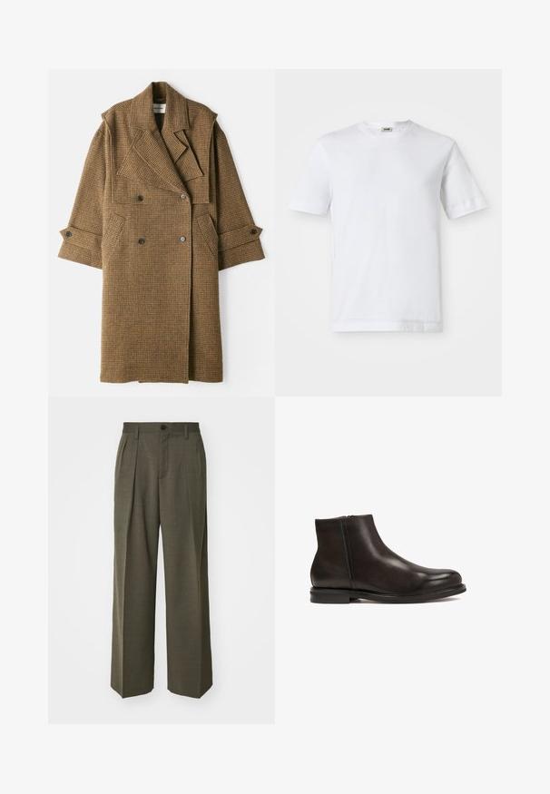 Henrik Vibskov HANDS DOWN COAT - Trenchcoat - brown; White cotton t-shirt with short sleeves, crew neckline, and a smooth texture. No patterns or accents are visible.; Filippa K WIDE TROUSERS - Trousers - driftwood; Black leather ankle boot with a smooth texture, rounded toe, and a low heel. Features a side zipper for easy wear.