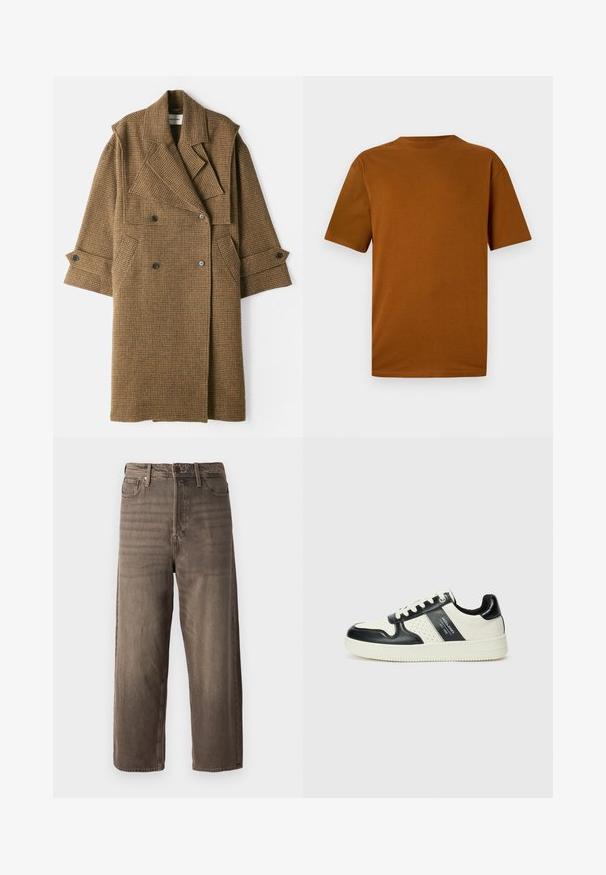 Henrik Vibskov HANDS DOWN COAT - Lietpaltis - brown; Trumpas rankovės marškinėliai iš deginto oranžinio medvilnės. Savybės: apvalus kaklas, laisvas siluetas ir lygus paviršius be raštų ar puošmenų.; Rudos platūs džinsai, pagaminti iš džinsinio audinio. Yra užtrauktukas, diržo kilpos ir penki kišenės. Audinys atrodo išblukęs, su tekstūrine išvaizda.; Odiniai sportbačiai juodos ir kreminės spalvų schemoje, su perforuotais akcentais, paminkštinta apykakle ir tekstūruotu padu.
