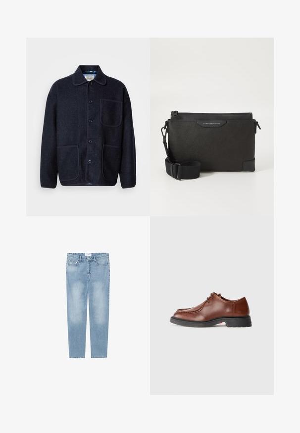 Veste en mélange de laine navy avec un col, cinq boutons à l'avant, deux poches plaquées et un passepoil contrastant le long des coutures.; Chemise à manches longues bordeaux en coton, avec un col boutonné, une fermeture à boutons sur le devant et un petit logo sur la poitrine.; Jean droit bleu clair en denim. Présente un design à cinq poches, des zones décolorées et une étiquette au niveau de la ceinture. Sans embellissements.; Chaussure habillée en cuir marron avec un bout arrondi, des coutures contrastées, un design à lacets et une semelle en caoutchouc noir texturé.; Sac bandoulière en cuir noir avec une finition texturée, doté d'une fermeture éclair et d'une sangle réglable. Étiquette de logo à l'avant. Forme rectangulaire.