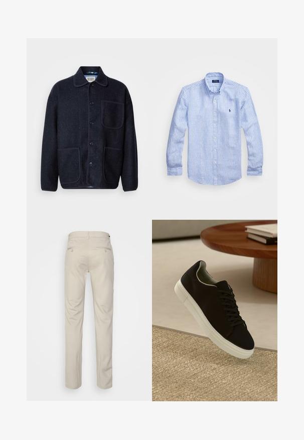 Marineblaues Wollmischjacke mit Kragen, fünf vorderen Knöpfen, zwei aufgesetzten Taschen und kontrastierender Paspelierung entlang der Nähte.; Blau-weißer gestreifter Langarmshirt aus Baumwolle mit einem Button-Down-Kragen, Frontknöpfen und einem kleinen gestickten Logo auf der Brust.; Beige Hosen mit glatter Textur, geradem Schnitt, zwei Gesäßtaschen mit Knöpfen und einem normalen Bund.; Schwarze Sneakers mit weißer Sohle, die über einem beige strukturierten Teppich schweben, in der Nähe eines runden Holztisches mit gestapelten Büchern.