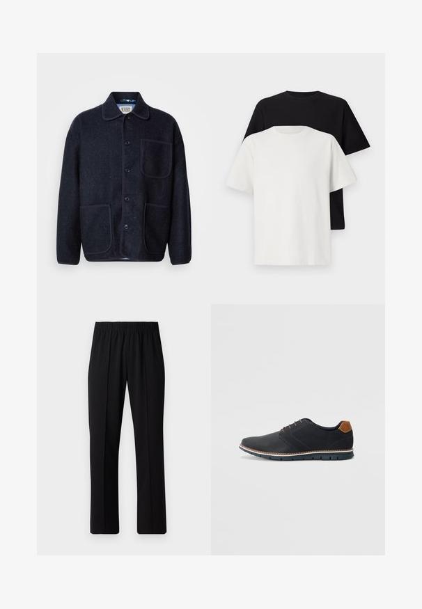 Veste en mélange de laine navy avec un col, cinq boutons à l'avant, deux poches plaquées et un passepoil contrastant le long des coutures.; Ensemble de t-shirts en coton comprenant un haut noir et un haut blanc, tous deux à manches courtes, avec un col rond et une coupe standard. Tissu texturé.; Pantalons noirs à taille élastique avec une coupe droite, présentant une texture lisse et sans motifs ni éléments visibles.; Chaussures synthétiques noires avec un dessus texturé, accents lisses, talon marron et semelle contrastante. Présente un laçage minimal et des détails de couture.