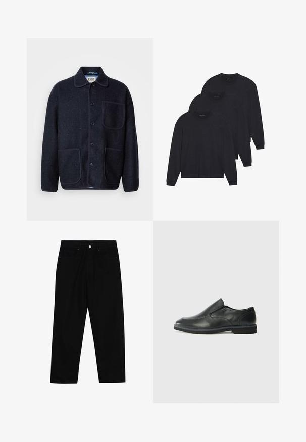 Navy wool blend jacket with a collared neckline, five front buttons, two patch pockets, and contrasting piping along seams.; Three black long-sleeve shirts, made of soft fabric, featuring round necklines and fitted cuffs. Minimalist design with no visible patterns.; Black denim pants featuring a straight-leg cut, five-pocket design, and a front button closure. Smooth texture with minimal stitching details.; Black leather slip-on shoe with a smooth upper, stitched accents, rounded toe, and a low rubber heel. Sole features minimal tread.