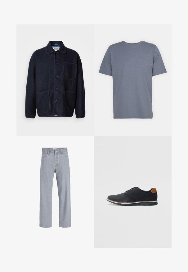 Sievietes jūras zila vilnas maisījuma jaka ar apkakli, pieciem priekšējiem pogām, divām kabatām un kontrastējošiem apdares elementiem gar šuvēm.; Pelēks īsām piedurknēm T-krekls ar apaļu kakla izgriezumu, izgatavots no mīkstas kokvilnas maisījuma auduma. Vienkāršs dizains, bez rakstiem vai akcentiem.; Gai zils džinsu audums ar brīvu piegriezumu, taisnu kāju dizainu, redzamām šuvēm, divām priekšējām kabatām un pogu aizdari.; Melni sintētiskie apavi ar struktūru augšdaļā, gludu akcentu, brūnu papēdi un kontrastējošu zoli. Iezīmē minimālu šņorēšanu un šuvju detaļas.