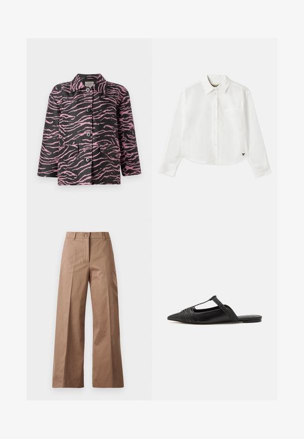 Juodas švarkas su rožiniais zebra dryžiais, su mygtukais priekyje, su smailiu apykakle ir dviem priekinių kišenių. Pagamintas iš tekstūruoto audinio.; Baltas trumpas ilgos rankovės marškinėliai, pagaminti iš medvilnės. Turintys sagų priekį, krūtinės kišenę ir mažą juodą logotipą apačioje kairėje pusėje.; Rudos plačios kojų kelnės, pagamintos iš lygios medžiagos, su priekiniais mygtukais, dviem priekinėmis kišenėmis ir švariomis, pritaikytomis linijomis.; Juodos odinės slingback bateliai su smailiu pirštu, turintys audinį akcentą ir raukšlėtą viršutinį dizainą. Lygus padas su minimaliais aksesuarais.