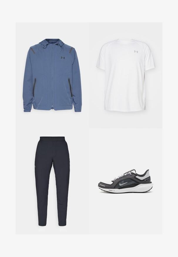 Kék kapucnis dzseki szintetikus anyagból, elülső cipzáras záródással, fekete akcentusokkal és két cipzáras zsebbel az oldalán.; Fehér, rövid ujjú sportpóló sima anyagból. Kerek nyakkivágással és szürke logóval a bal mellkasnál, az alján oldalsó hasítékokkal.; Fekete sportnadrág sima textúrával, karcsú szabással, rugalmas derékrésszel és oldalzsebekkel. A bal combján egy kis logó található.; Fekete és szürke sportcipő, hálós felsőrésszel, fényvisszaverő részletekkel és fehér középtalppal. A talpa texturált gumiból készült, és fűzőkkel rendelkezik.