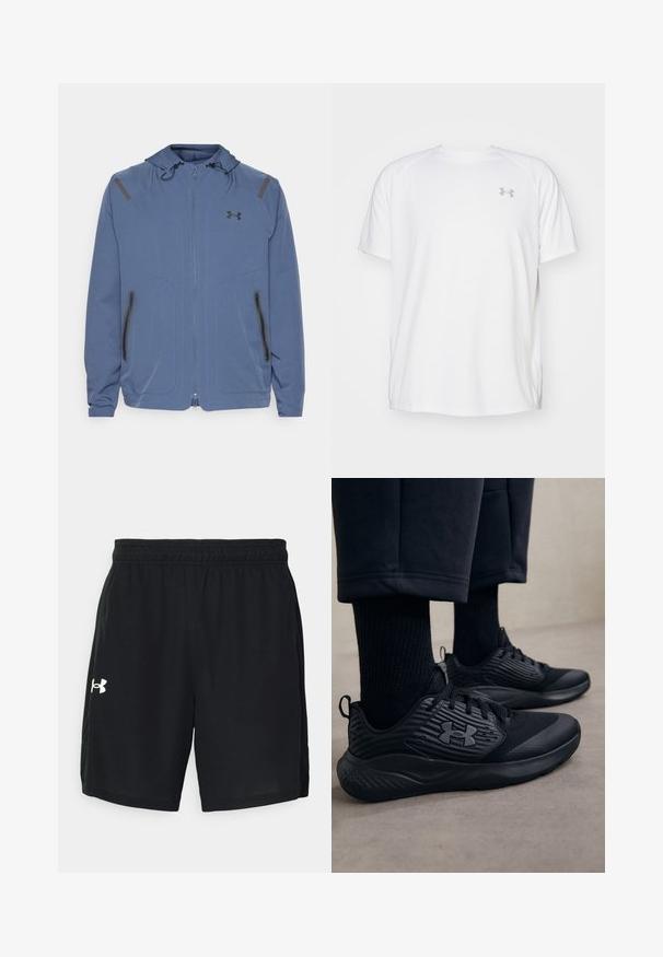 Blaue Kapuzenjacke aus synthetischem Material, mit einem Reißverschluss vorne, schwarzen Akzenten und zwei Reißverschlusstaschen an den Seiten.; Weißes kurzärmeliges Sportshirt aus glattem Material. Mit Rundhalsausschnitt und grauem Logo auf der linken Brust, sowie seitlichen Schlitzen am Saum.; Schwarze Sportshorts aus leichtem Material mit elastischem Bund und einem weißen Logo auf der linken Seite.; Person in schwarzen Sport Sneakers mit strukturierten Seiten und Logo, kombiniert mit schwarzen Socken und kürzeren Hosen auf einem hellen Boden.