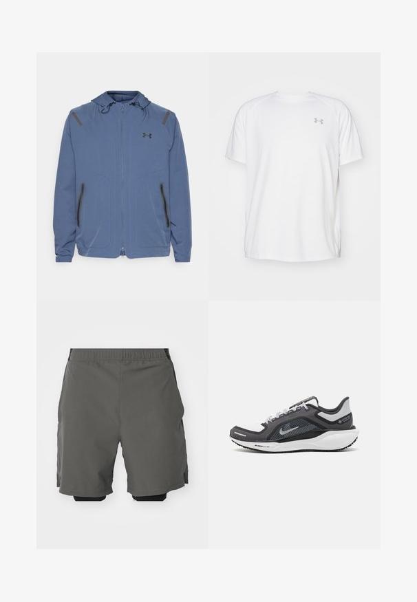 Sininen huppu jacket, joka on valmistettu synteettisestä materiaalista, jossa on etuvetoketjukiinnitys, mustia yksityiskohtia ja kaksi vetoketjullista taskua sivuilla.; Valkoinen lyhythihainen urheilupaita, joka on valmistettu sileästä kankaasta. Paidassa on pyöreä kaula-aukko ja harmaa logo vasemmassa rinnassa, sekä sivuhalkiot helmassa.; Harmaat urheilushortsit, joissa on sileä ja kevyt kangas, joustava vyötärö ja sisäiset kompressioprihmat sekä sivutaskut.; Musta ja harmaa urheilukenka, jossa on verkkopäällinen, heijastavat yksityiskohdat ja valkoinen välipohja. Varustettu kuvioidulla kumipohjalla ja nauhoilla.