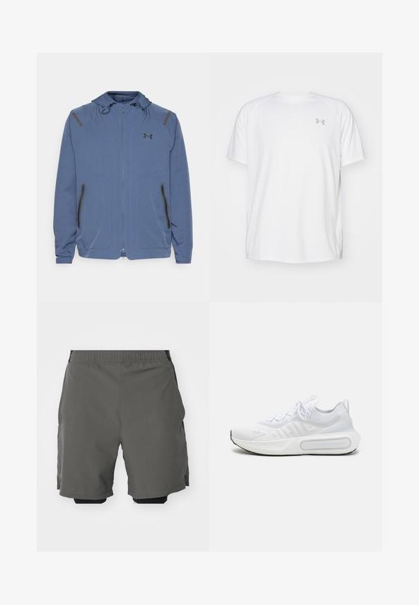 Modra kapuca jakna iz sintetičnega materiala, z zapiranjem na zadrgo spredaj, črnimi dodatki in dvema žepoma z zadrgo na straneh.; Bela kratka športna majica s kratkimi rokavi, izdelana iz gladkega blaga. Ima okroglo ovratnico in sivo logotip na levi prsi ter stranske razpoke na robu.; Sive športne hlače z gladkim, lahkim materialom in elastičnim pasom, ki vsebujejo notranje kompresijske hlače in stranske žepke.; Bela športna čevlja s teksturirano pletenino, vezanjem na vezalke, blaženim podplatom in značilnim logotipom na strani.