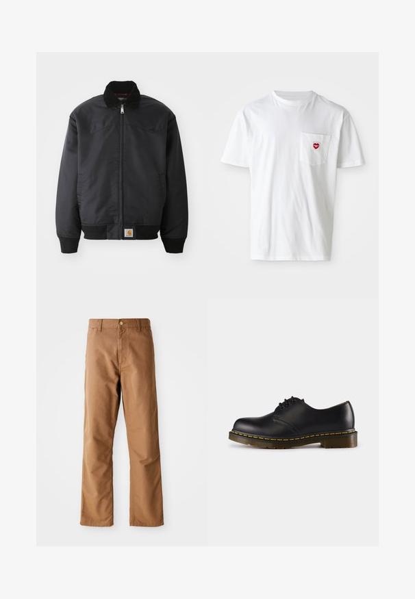 Chaqueta bomber negra con cierre de cremallera, cuello a presión, puños y dobladillo acanalados. Presenta un parche de logo en la parte inferior izquierda. Textura suave.; Camiseta de algodón blanca con escote redondo y mangas cortas. Presenta un pequeño logo de corazón rojo en el bolsillo izquierdo del pecho.; Pantalones rectos marrones con pasadores para cinturón, bolsillos frontales, cierre de botón y cremallera sobre un fondo blanco.; Zapato de cuero negro con punta redondeada, diseño de cordones, costuras amarillas a lo largo de la suela y suela de goma gruesa y texturizada.